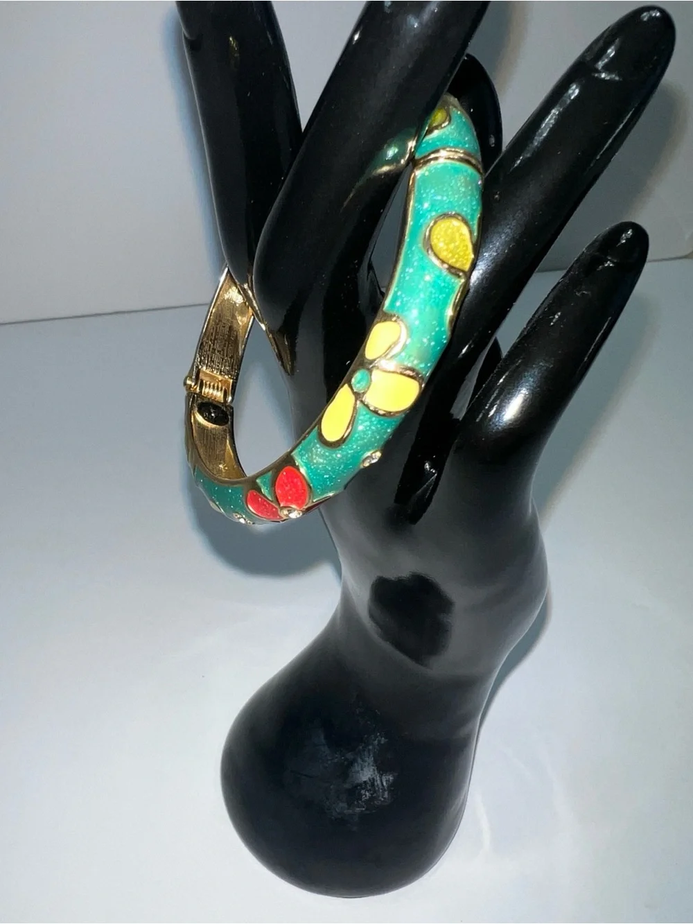 Betsey Johnson Green Enamel Hinged Floral Bangle with Red & Yellow Flowers